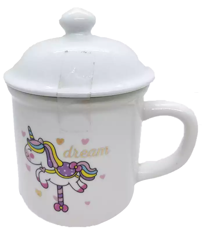 SN-559 Porcelain mug with a large lid, round design, unicorn shape - white