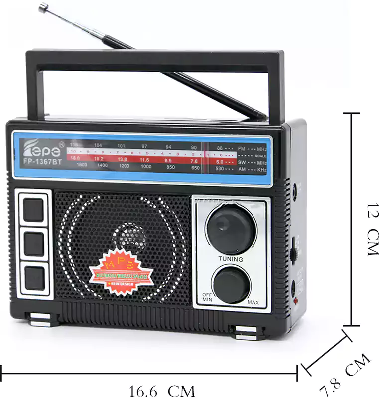 جهاز راديو صغير فيبي، كلاسيكي، FM\AM\SW، بطارية قابلة لإعادة الشحن، صوت عالي نقي، منفذ USB وكارت ميموري وسماعة رأس، أسود، FP-1367U