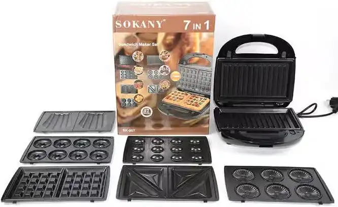 Sokany 7 Slice Sandwich and Waffle Maker, 750 Watt, Black, SK-907