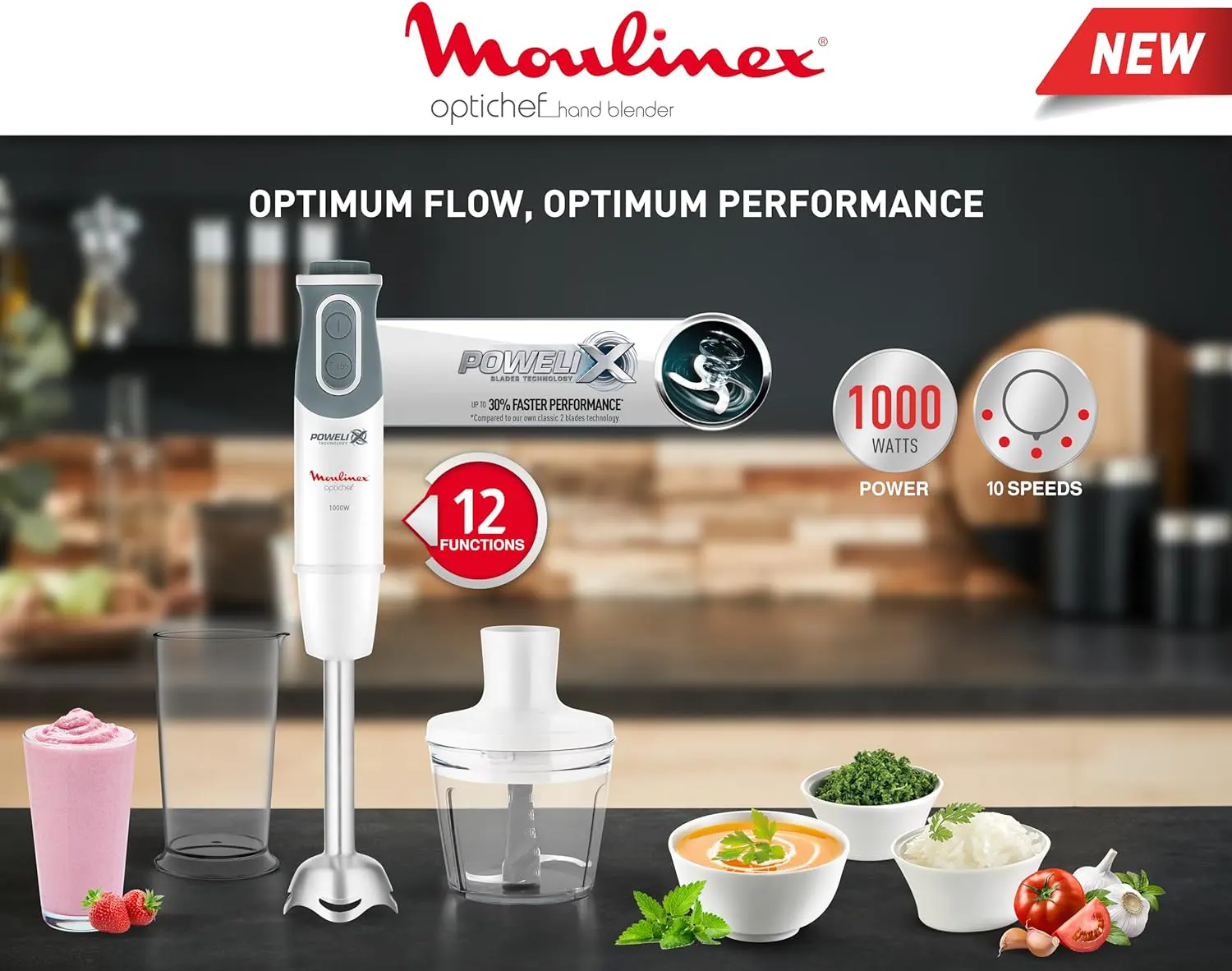 Moulinex Opti-Chef Hand Blender, 1000 Watt, 800 ml, with chopper, white, DD6551EG