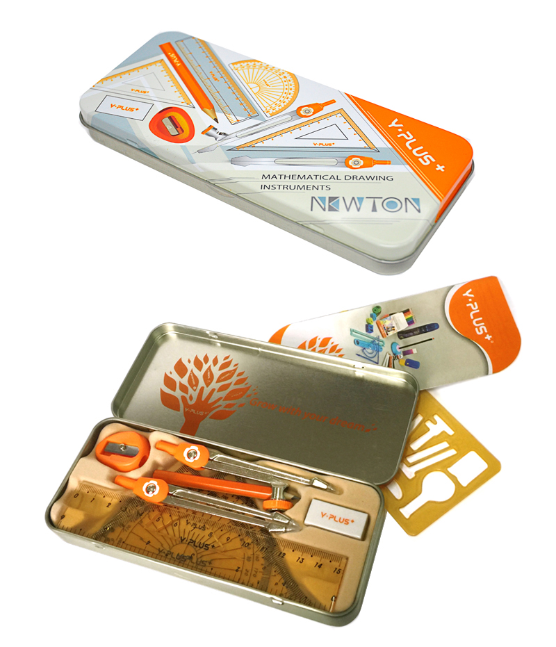 Yplus Geometry Tools Plastic Set, 9 Pieces, Metal Case, Orange S1402